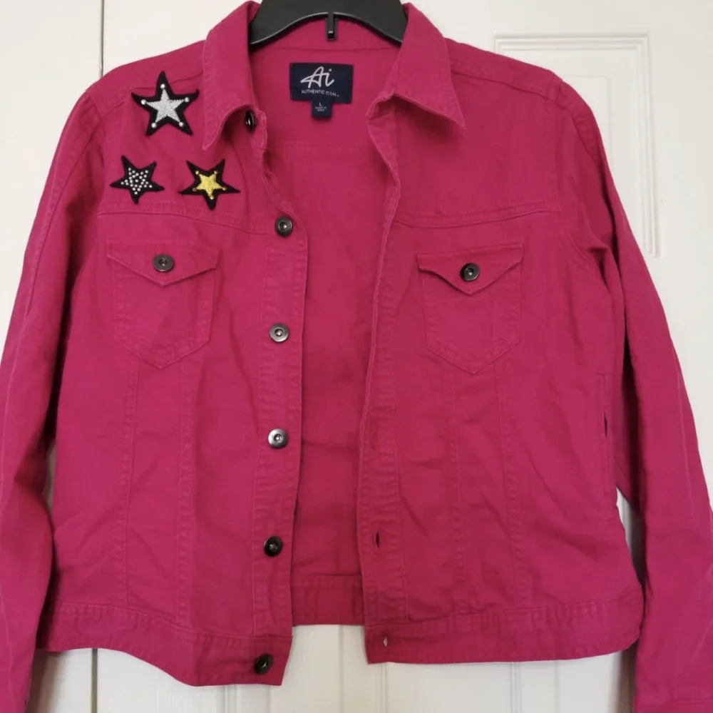 American Idol Star Hot Pink Black Gold White Fuschia Jean Denim Jacket Size L - Picture 4 of 5